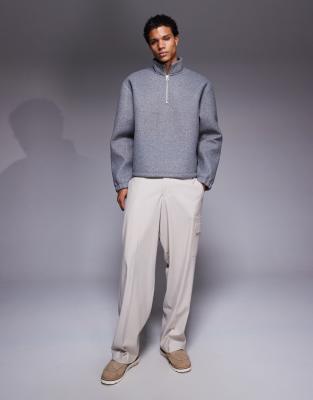 Asos Design Oversized Boxy Funnel Neck Quarter Zip Felt Sweatshirt In Gray