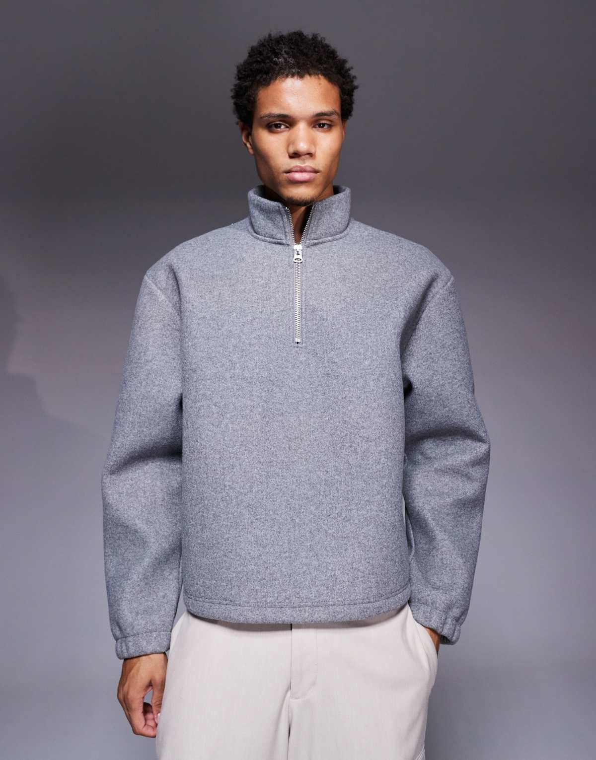 ASOS DESIGN oversized boxy funnel neck quarter zip felt sweatshirt in grey