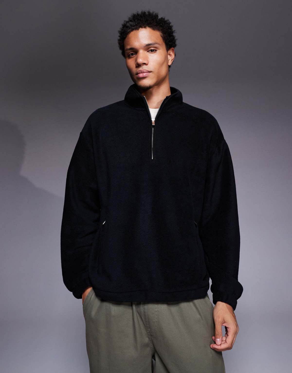 ASOS DESIGN oversized boxy funnel neck quarter zip fleece sweatshirt in black