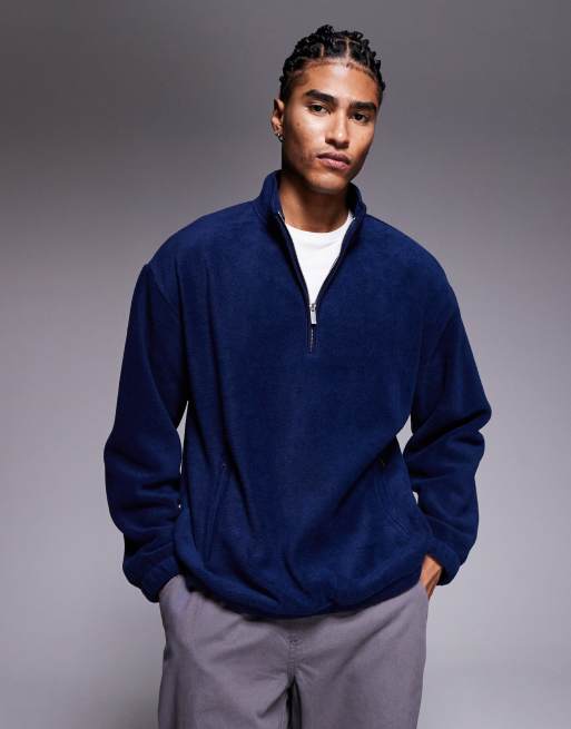 ASOS DESIGN oversized boxy funnel neck quarter zip fleece sweatshirt in blue