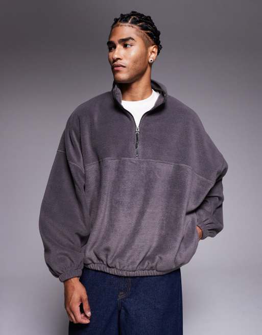 ASOS DESIGN oversized boxy funnel neck quarter zip fleece sweatshirt in khaki
