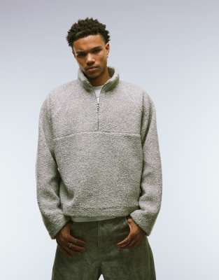 Asos Design Oversized Boxy Funnel Neck Quarter Zip Heather Borg Sweatshirt In Gray