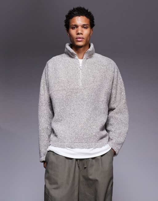 ASOS DESIGN oversized boxy funnel neck quarter zip marl borg sweatshirt in beige
