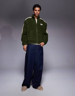 Asos Design Oversized Boxy Funnel Neck Zip Through Borg Sweatshirt In Green
