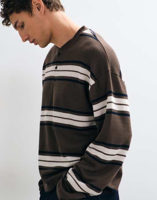 ASOS DESIGN oversized boxy gestreepte henley met lange mouwen in bruine wafelstof, 3 van 5