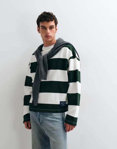 ASOS DESIGN oversized boxy gestreepte top met ronde hals in donkergroen - view 1