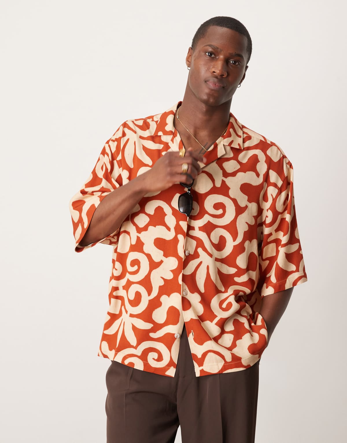 ASOS DESIGN oversized boxy half sleeve shirt with abstract print in terracotta viscose