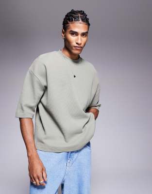 oversized boxy half sleeve waffle knit t-shirt in khaki green