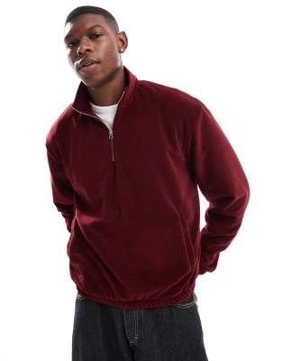 oversized boxy half zip fleece sweatshirt in burgundy-Red