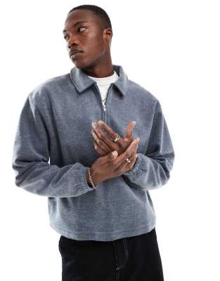 Asos Design Boxy Oversized Half Zip Borg Sweatshirt In Washed Black-gray