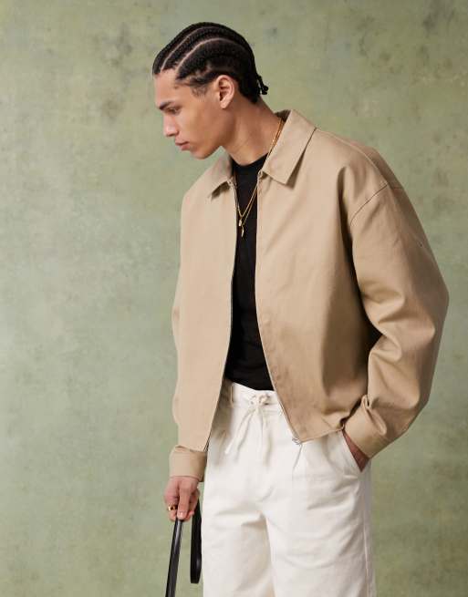 ASOS DESIGN oversized boxy harrington jacket in stone