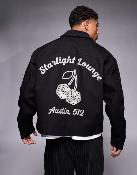 ASOS DESIGN oversized boxy harrington jacket with chest and back embroidery in black - view 1