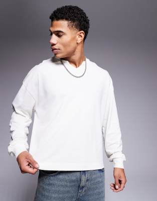 oversized boxy heavyweight long sleeve high v neck pique t-shirt in cream-White