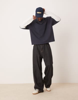 Asos Design Oversized Boxy Heavyweight Long Sleeve T-shirt With Double Layer Sleeve In Navy