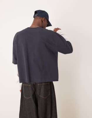 ASOS DESIGN oversized boxy heavyweight long sleeve t-shirt with double layer sleeve in navy