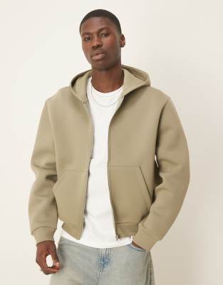 ASOS DESIGN oversized boxy heavyweight scuba-style fabric zip through hoodie in khaki-Green