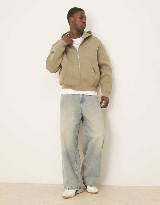 ASOS DESIGN oversized boxy heavyweight scuba zip up hoodie in khaki
