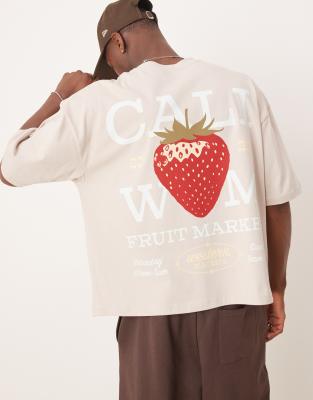 Asos Design Oversized Boxy Heavyweight T-shirt With Strawberry Back Print In Gray