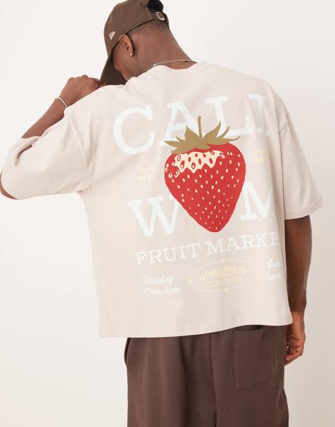 ASOS DESIGN oversized boxy heavyweight t-shirt with strawberry back print in beige - view 1