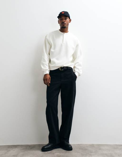 ASOS DESIGN oversized boxy henley crew sweatshirt with pique in ecru, 3 of 5
