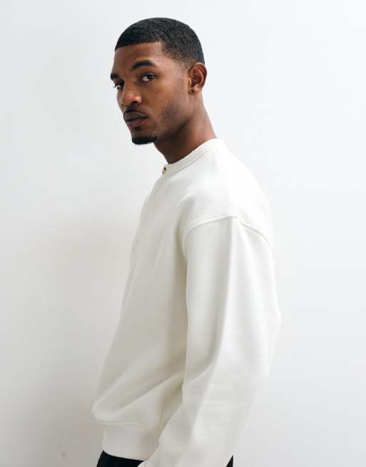 ASOS DESIGN oversized boxy henley crew sweatshirt with pique in ecru, 5 of 5