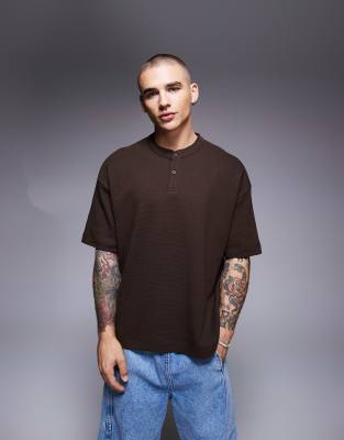 ASOS DESIGN oversized boxy henley T-shirt in brown waffle