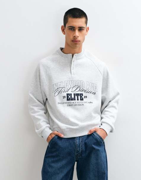 ASOS DESIGN oversized boxy Henley-trøje med print og vævet mærkedetalje i grå - view 1
