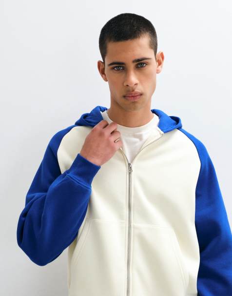 ASOS DESIGN oversized boxy hoodie met rits en contrasterende raglanmouwen in blauw - view 1
