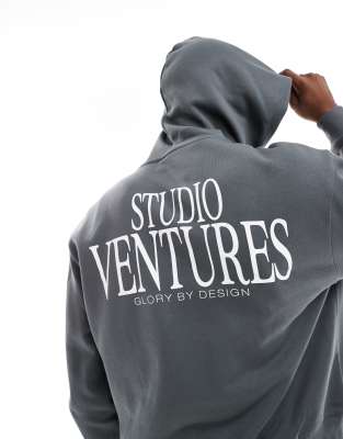 Asos Design Oversized Boxy Hoodie With Back Print In Gray