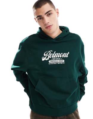 Asos Design Oversized Boxy Hoodie With Belmont Print In Green