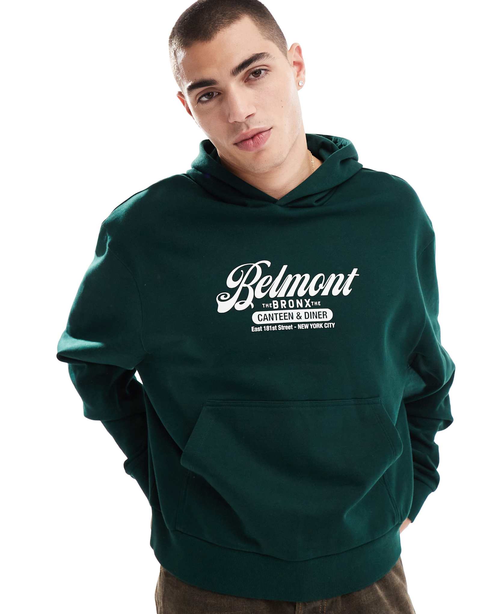 Объемная толстовка с капюшоном свободного кроя от ASOS DESIGN с принтом belmont зеленого цвета