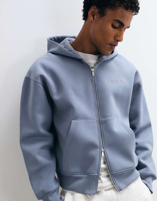 ASOS DESIGN oversized boxy hoodie with embroidered print in scuba-style fabric in blue, 3 of 5