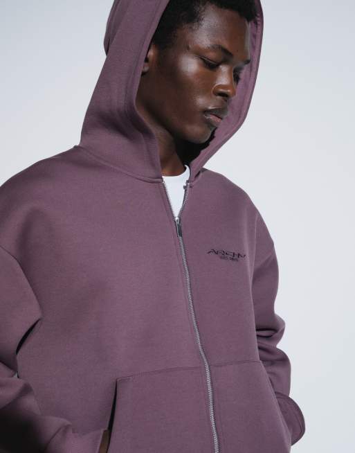 ASOS DESIGN oversized boxy hoodie with embroidered print in scuba-style fabric in purple, 5 of 6
