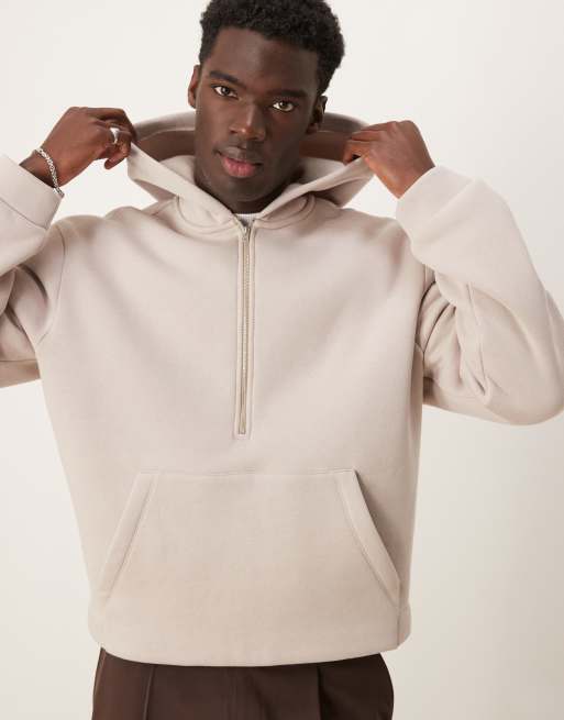 ASOS DESIGN oversized boxy hoodie with half zip in beige