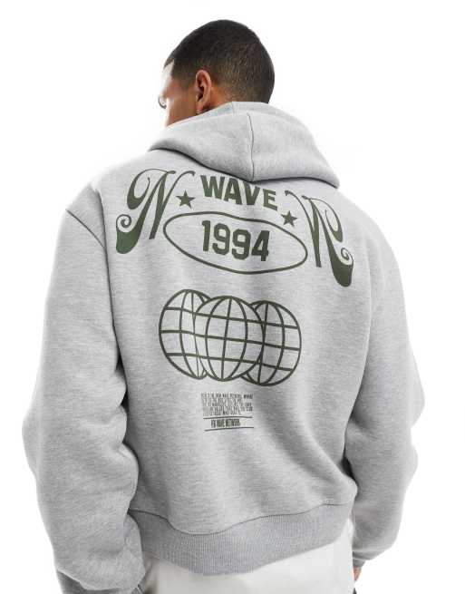 ASOS DESIGN oversized boxy hoodie with label detail and back print in gray heather