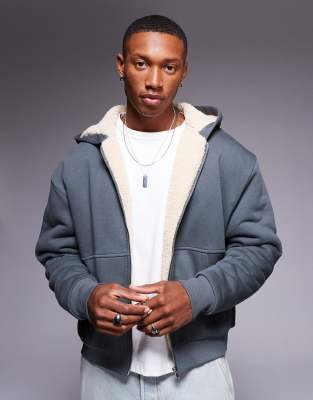 ASOS DESIGN ASOS DESIGN oversized boxy hoodie with seam detail and contrast borg lining in grey