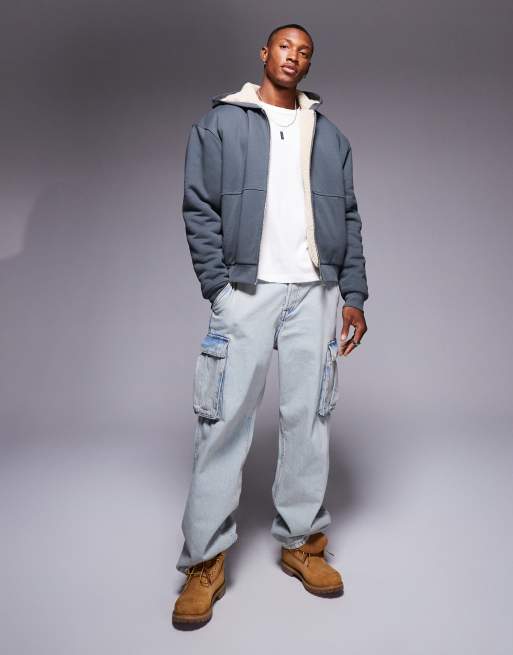 ASOS DESIGN oversized boxy hoodie with seam detail and contrast borg lining in grey