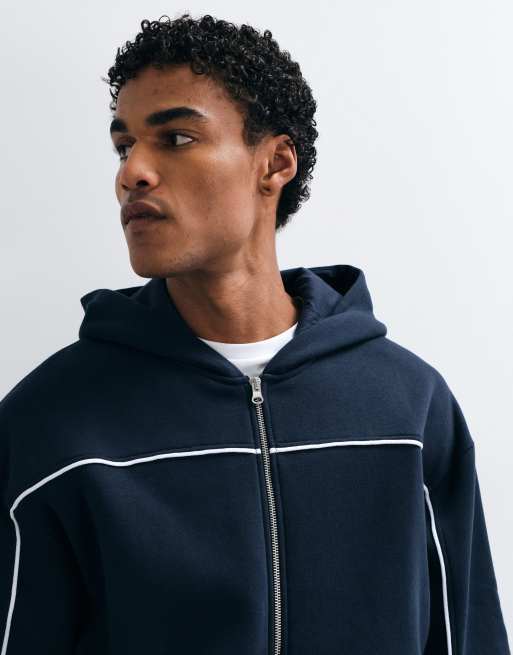 ASOS DESIGN oversized boxy hættetrøje med gennemgående lynlås i sæt med piping i navy, 4 af 5