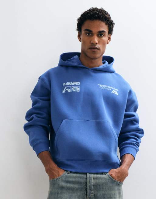 ASOS DESIGN oversized boxy hættetrøje med pigmentprint i blå polyester/bomuld, 2 af 5