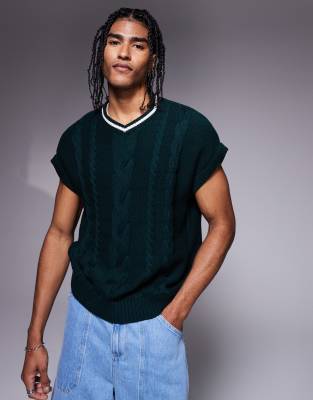 Asos Design Oversized Boxy Knit Tank Top With Contrast Tipping In Green
