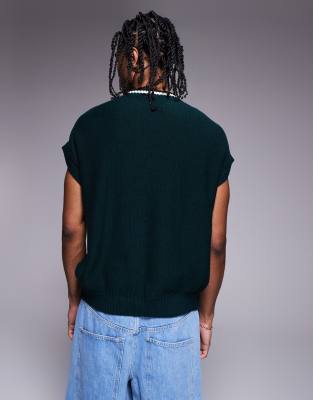 Shop Asos Design Oversized Boxy Knit Tank Top With Contrast Tipping In Green