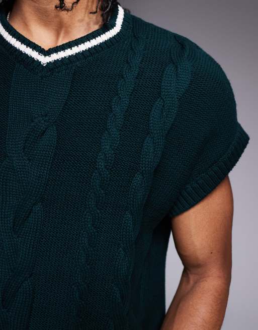 ASOS DESIGN oversized boxy knit tank top with contrast tipping in dark green