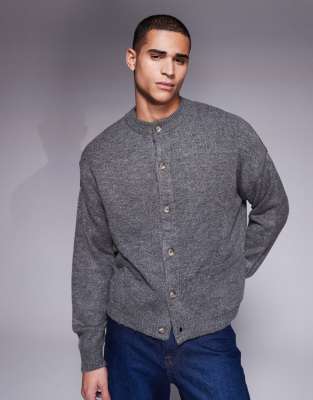 oversized boxy knitted crew neck cardigan with pockets in charcoal-Gray