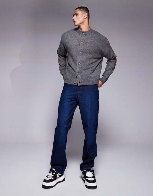 ASOS DESIGN oversized boxy knitted crew neck cardigan with pockets in charcoal