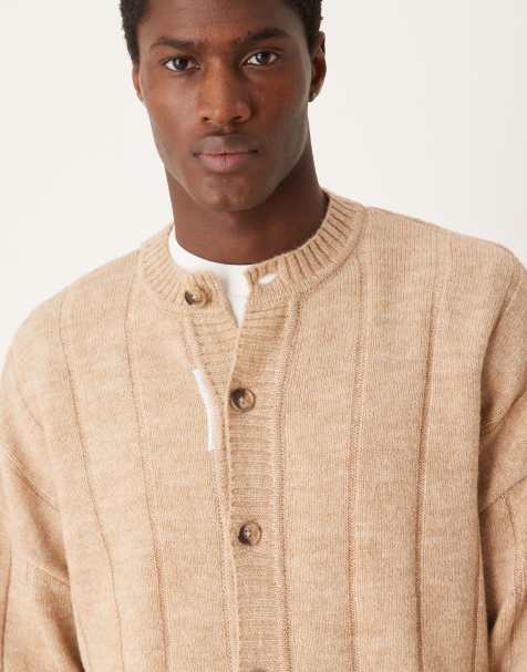 ASOS DESIGN oversized boxy knitted crew neck cardigan with stitch detail in beige - view 1