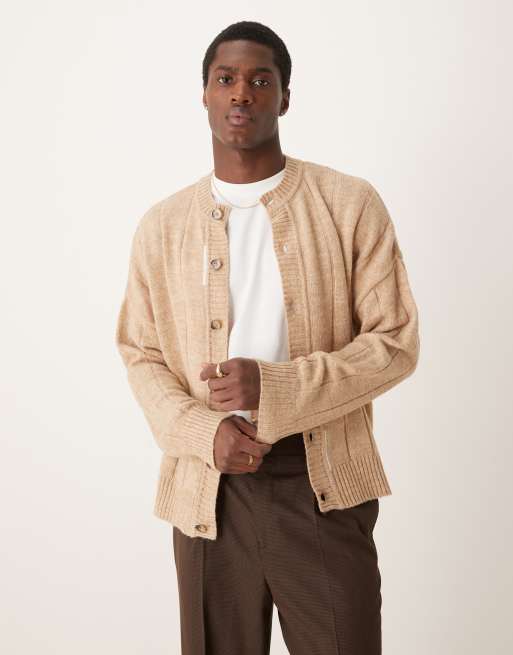 ASOS DESIGN oversized boxy knitted crew neck cardigan with stitch detail in beige, 3 of 4