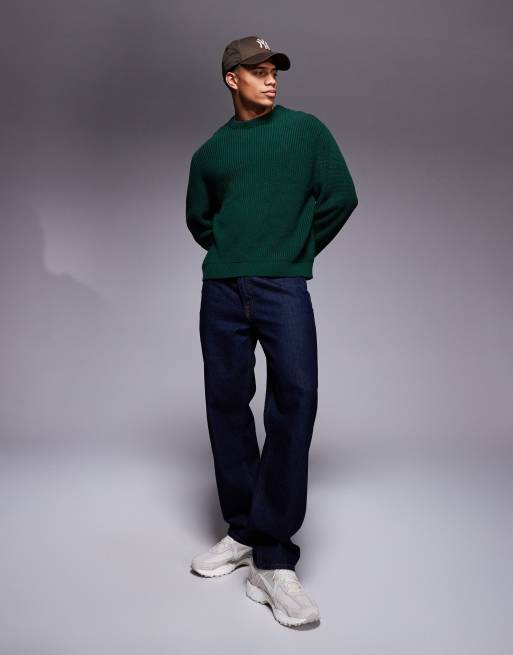 ASOS DESIGN oversized boxy knitted fisherman rib jumper in dark green, 2 of 4