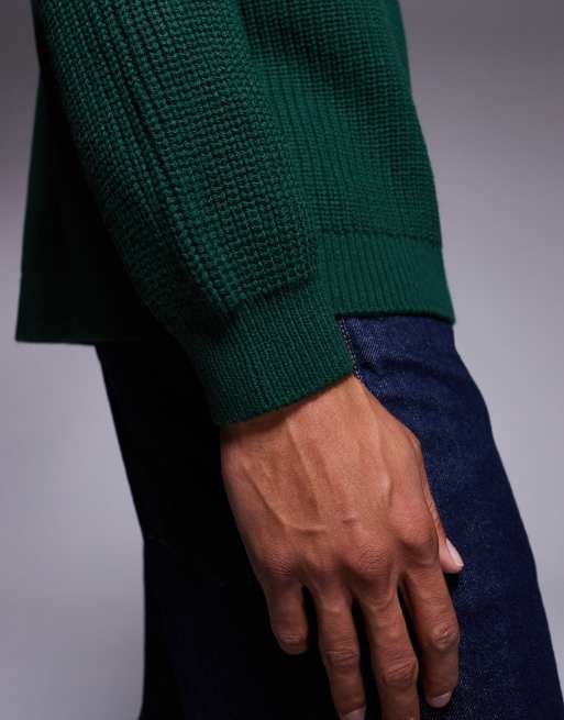 ASOS DESIGN oversized boxy knitted fisherman rib jumper in dark green, 3 of 4