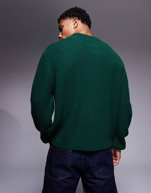 ASOS DESIGN oversized boxy knitted fisherman rib jumper in dark green, 4 of 4