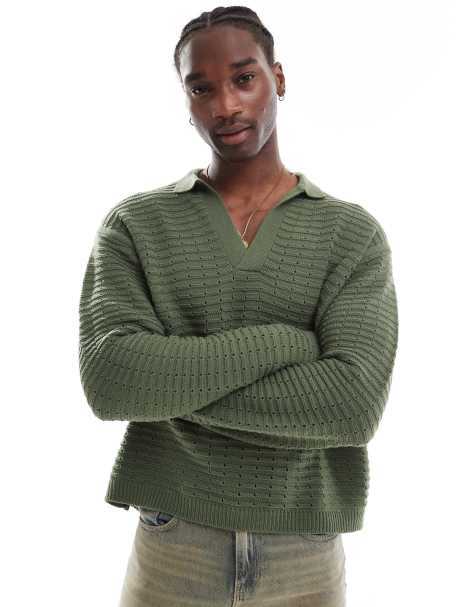 ASOS DESIGN oversized boxy knitted long sleeve polo shirt with texture in teal  - view 1